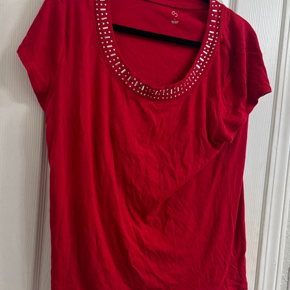 Chic Red Embellished Short Sleeve Top